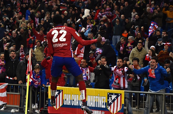 Thomas Partey celebrates scoring the winner for Atlético